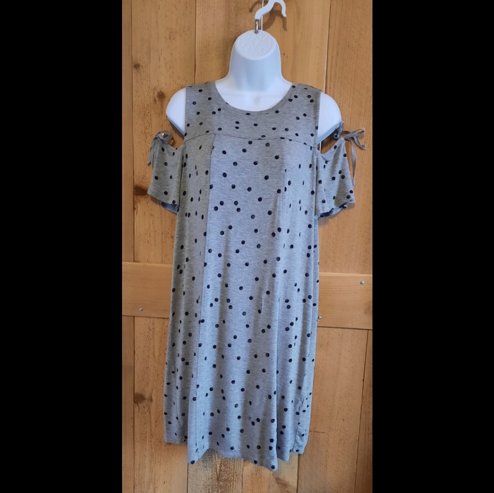 Grey Polka Dot Dress Cold Shoulder Split Sleeve